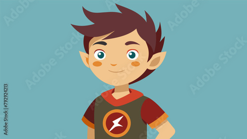 A young boy proudly displaying his first attempt at cosplay dressed as his favorite video game character and handpainting a symbol on his