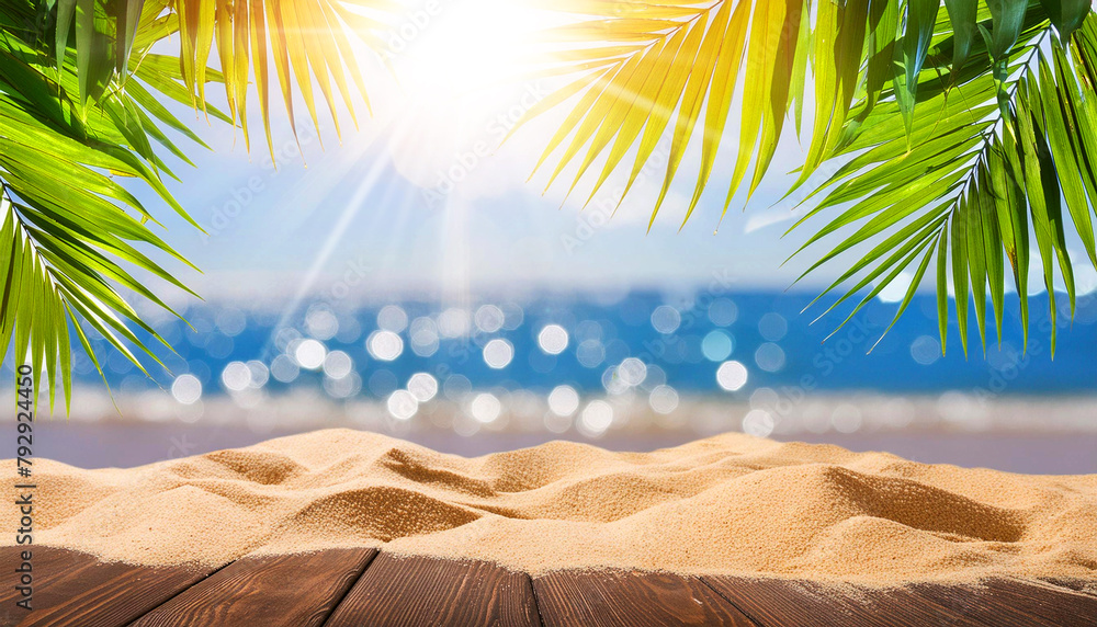 Φωτογραφία Close-up of an empty wooden beach table with sand, green palm leaves and blurred seascape with glittering at sunny summer day