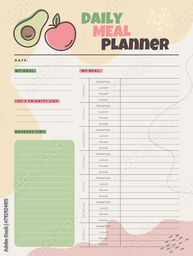 Daily meal planner template. Printable to do list with a goal, schedule and grocery list. Diet planner. Vector illustration
