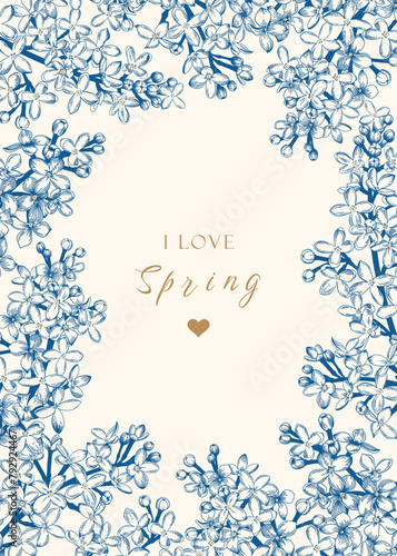 Blue drawing. Frame with lilac flowers. Floral card with place for text. Vector vintage illustration. Linear art style.