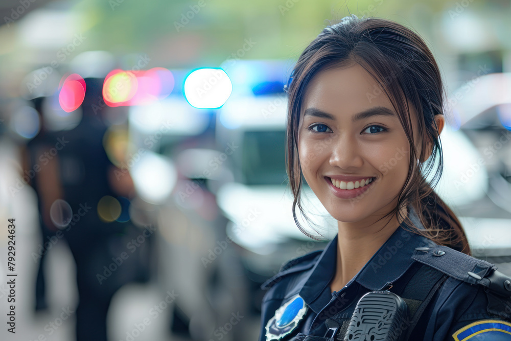 Malay woman wearing police officer uniform, patrol car background Malay woman wearing police officer uniform, patrol car background