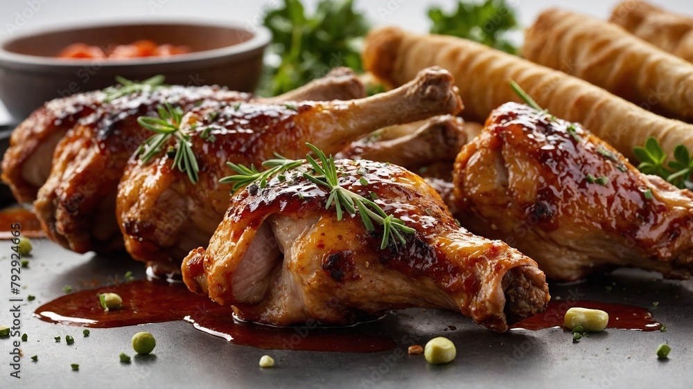 Close-up image showcases succulent glazed chicken drumsticks garnished with fresh rosemary sprigs, resting on dark surface with scattered herbs, sauces adding to gourmet presentation. Close-up image showcases succulent glazed chicken drumsticks garnished with fresh rosemary sprigs, resting on dark surface with scattered herbs, sauces adding to gourmet presentation.