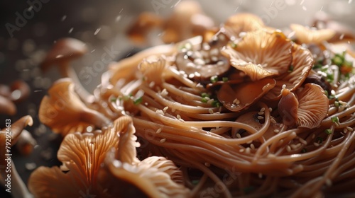 Exquisite Mushroom Pasta Dish Close-Up with Sprinkling Water Droplets photo