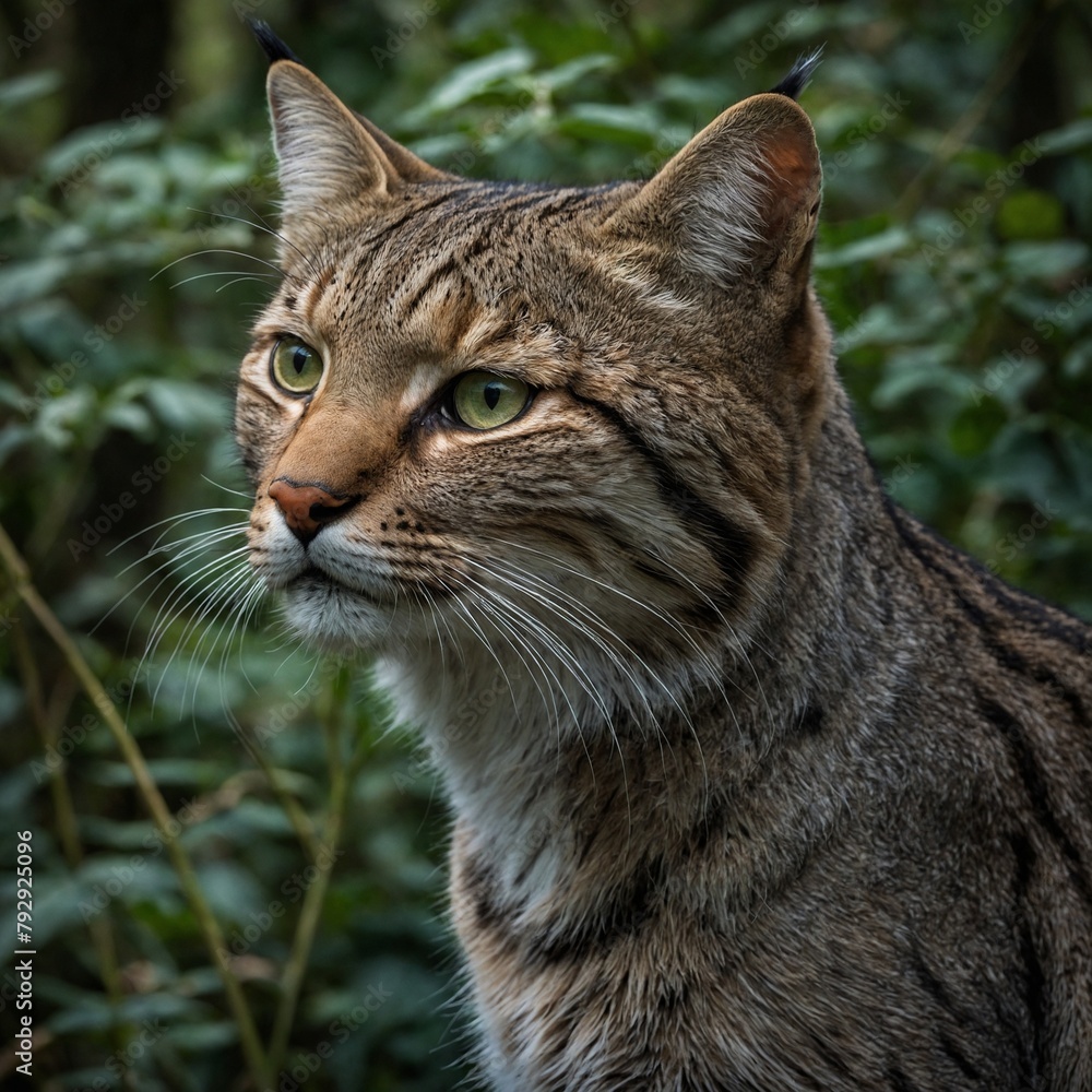 Feline with striking green eyes, intricate striped fur gazes attentively into distance. Surrounded by lush greenery, detailed fur pattern, consisting of various shades of brown, grey, accentuated.