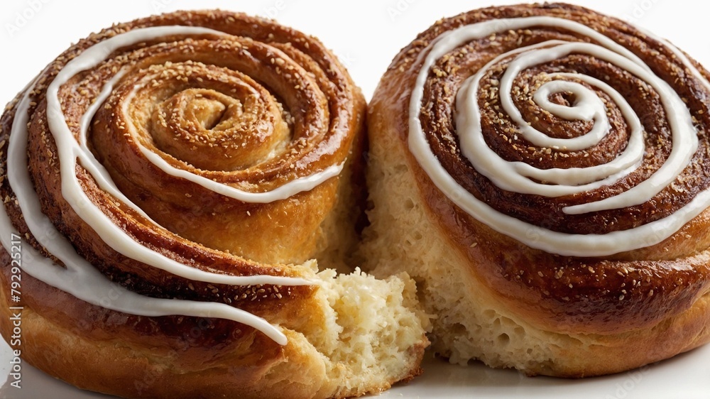 Fototapeta premium Two cinnamon rolls, fresh from oven, display golden-brown texture, adorned with white icing. One roll partially unraveled, revealing soft, fluffy interior.