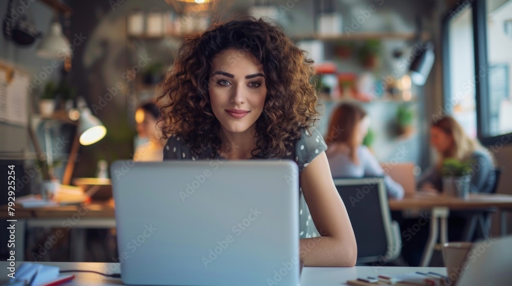 Beautiful Middle Eastern manager sitting at a table in a creative office Stylish young woman with curly hair uses laptop computer in marketing agency Beautiful Middle Eastern manager sitting at a table in a creative office Stylish young woman with curly hair uses laptop computer in marketing agency