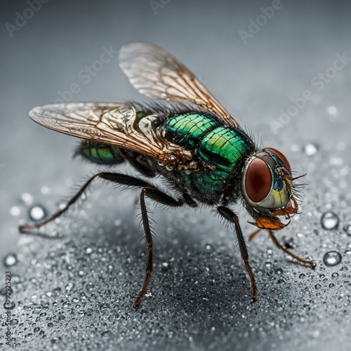 Close-up captures fly, glistening with vibrant green, metallic hues, standing amidst dewdrops. Intricate details of wings, body texture, compound eyes highlighted, showcasing mix of natural beauty.