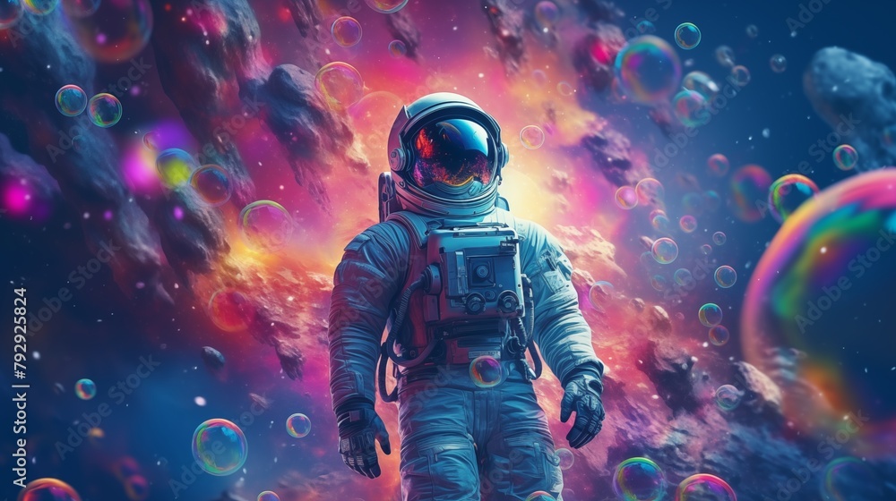 Beautiful painting of an astronaut in in a colorful bubbles galaxy on a different planet. Beautiful painting of an astronaut in in a colorful bubbles galaxy on a different planet.