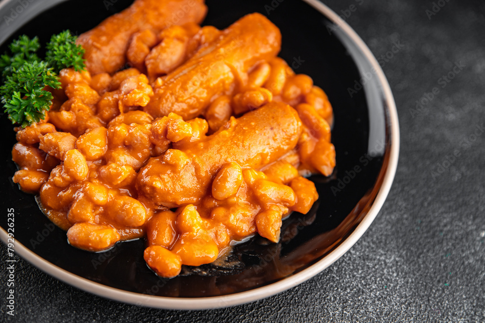 beans with sausages tomato sauce fresh cooking appetizer meal food snack on the table copy space food background rustic top view beans with sausages tomato sauce fresh cooking appetizer meal food snack on the table copy space food background rustic top view