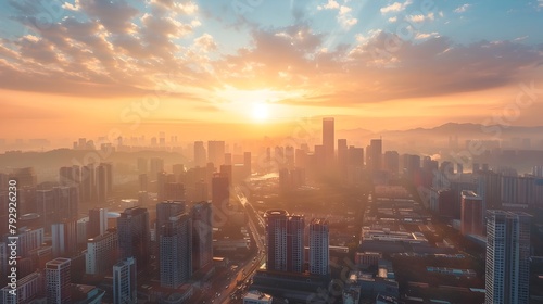 Bright Sunrise Illuminates Modern Cityscape: New Beginnings and Fresh Opportunities Await