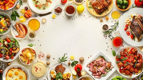 various types of western dishes lie on the table forming copy space for design of decorative frames, cards, backgrounds, banners and posters, 3d render