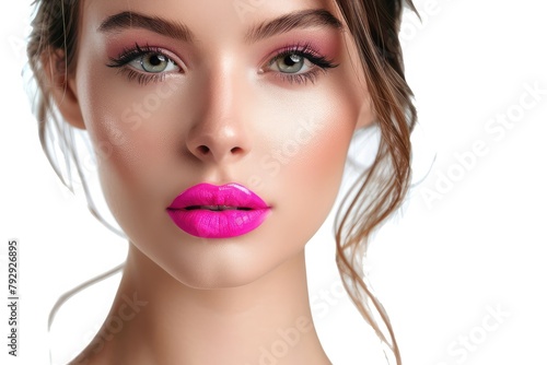 Beautiful young woman with pink lipstick on white background, closeup