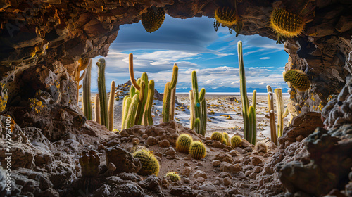 Cactuses in the cave on Incahuasi island Salar de Uyun photo