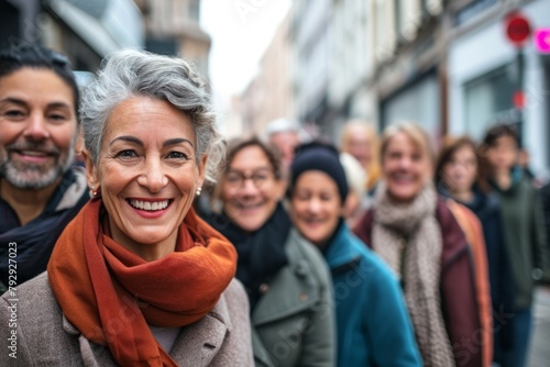 Portrait of smiling senior woman with group of people in the background