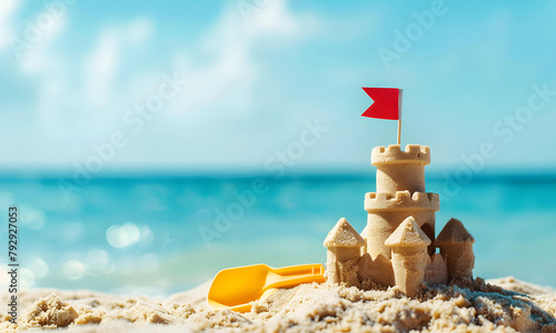 Sand castle with red flag on the beach with the beautiful sea in summer time. Panoramic view. Concept of the vacation and tourism.