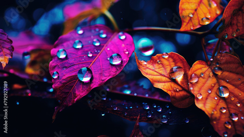 Luminous autumn leaves adorned with radiant water droplets, encapsulating nature's enchanting allure. Perfect for artistic, seasonal, and background applications. © Sascha