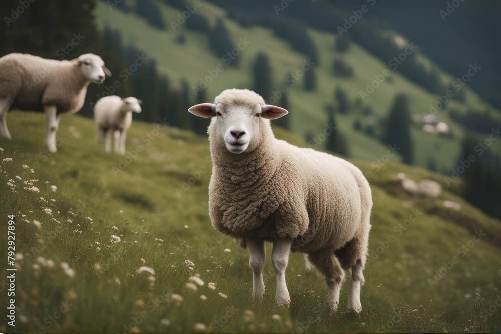 'meadow mountains sheeps sheeplambmeadowhillgrassgreendayherdmanywhiteyoungpasturesummer sheep lamb hill grass green day herd many white young pasture'