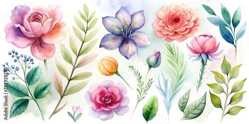 Set of different watercolor flowers watercolor, bouquet, collection, viola, spring, floral, set, isolated on a white background.