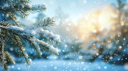 Christmas background with fir tree branch.Winter lands