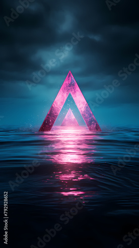 3D rendering of neon pink triangle with reflection on water surface