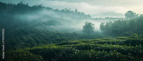foggy tea plantation in the morning photo