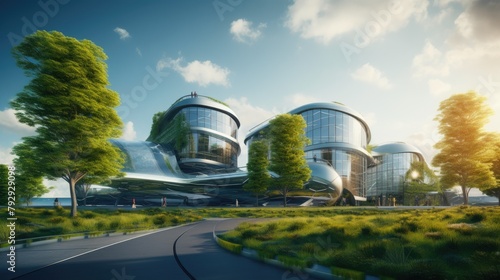 Corporate Ecology Sanctuary: Glass Campus with Abundant Foliage