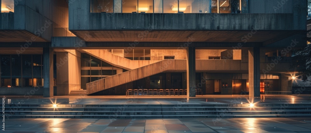 An evening event in progress at a brutalist cultural center, warm lights reflecting off harsh concrete angles,