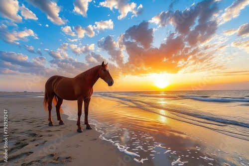 Seaside Silhouette: Horse on Sun-Kissed Sands © AIproduction