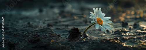 A solitary daisy against dark, wet soil and a sky draped in shadows, symbolizing purity and perseverance,