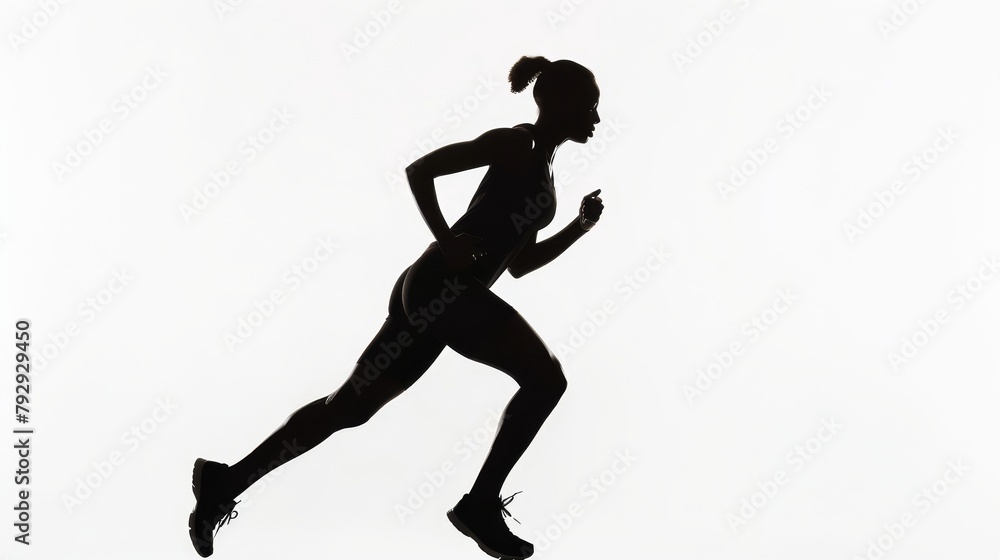 The silhouette of a woman running on white background depicts her dynamic movement. The picture is taken from the side.