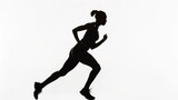 The silhouette of a woman running on white background depicts her dynamic movement. The picture is taken from the side.
