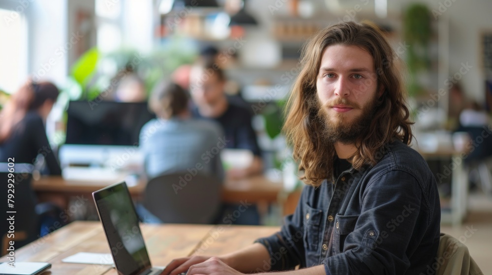 Handsome long-haired employee sitting at a desk in a Creative Agency. Stylish man using a laptop computer in a marketing company. Colleagues working behind the scenes Handsome long-haired employee sitting at a desk in a Creative Agency. Stylish man using a laptop computer in a marketing company. Colleagues working behind the scenes