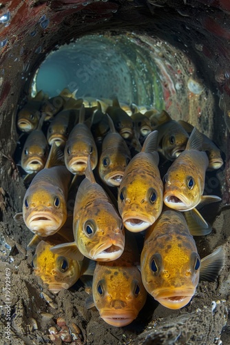 School of fish gazing from underwater pipe