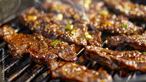 Sizzling Korean BBQ Beef on Grill Close-up