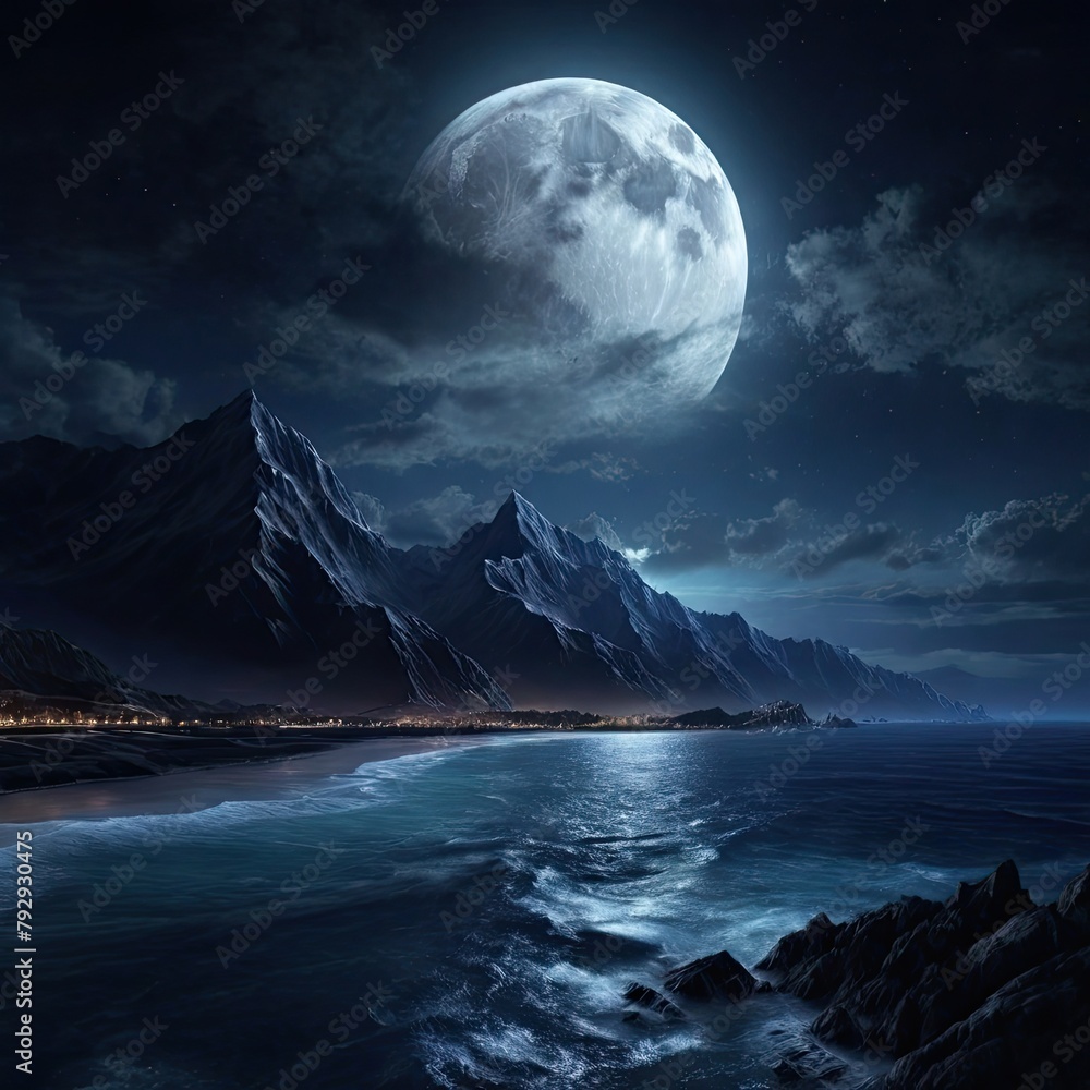 Sea Moonlight Serenade: A tranquil scene of moonlight casting its glow over the calm sea, with the silhouette of mountains in the distance