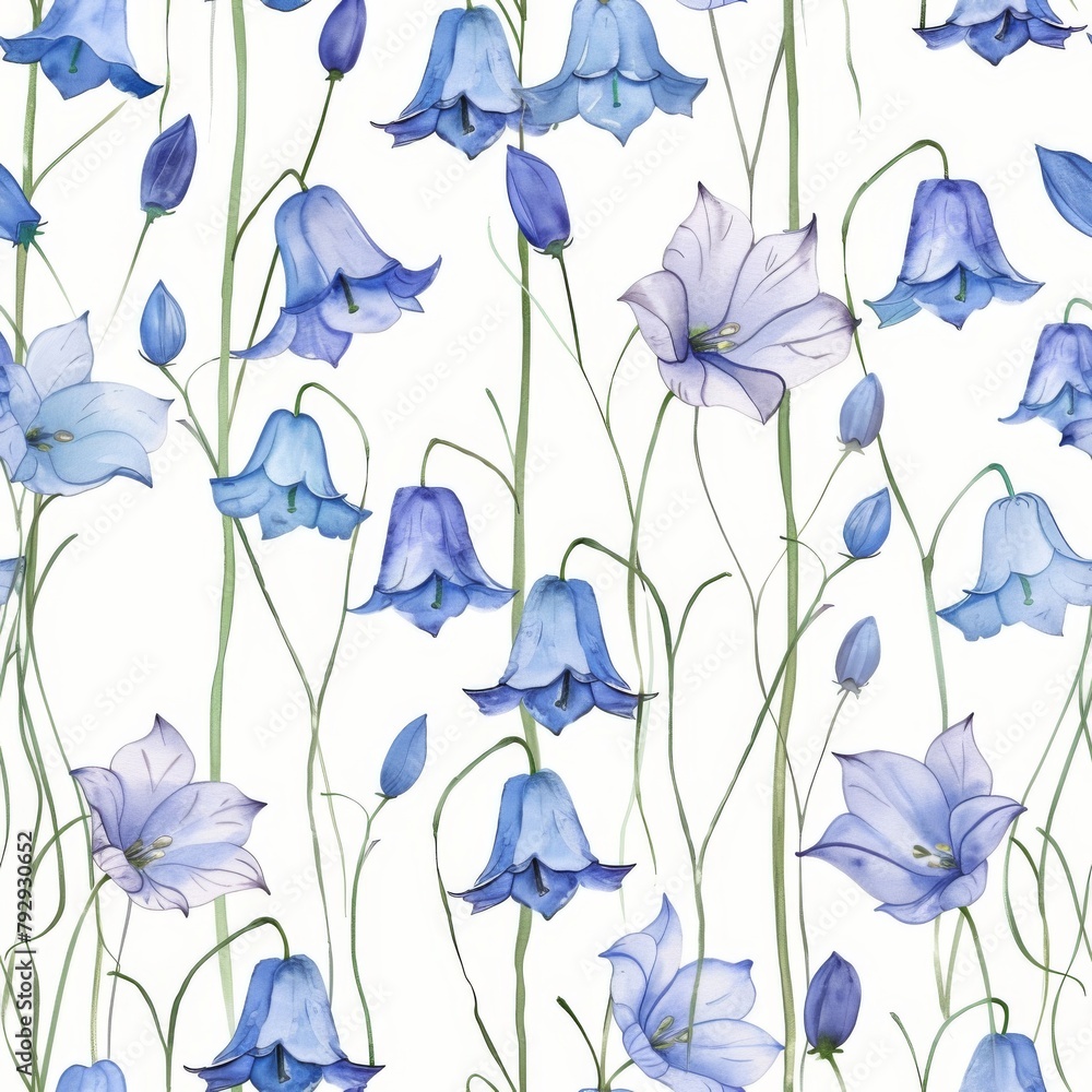 Serene Blue Bellflowers Seamless Pattern on White Background