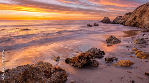 Majestic Sunset Over Serene Coastal Beachscape