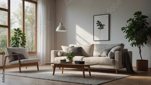 Light-filled modern living room with a white sofa, floor lamp, and verdant greenery on wooden laminate. Scandinavian style, inviting atmosphere.