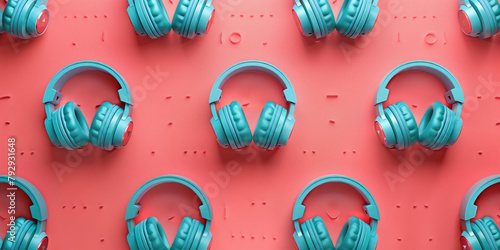 Row of headphones with listen written on pink background concept of music, audio technology, sound quality and enjoyment photo