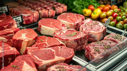 Variety of Premium Steaks in Grocery Store Meat Section