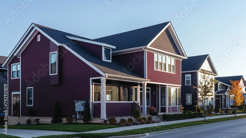 An elegant eggplant purple house with siding, enhancing the architectural diversity of a suburban street, under a clear sky.