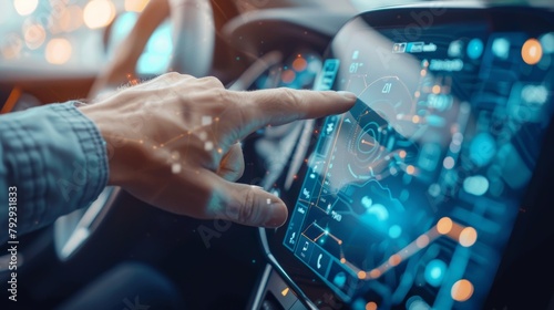 Transport, technology, and vehicle concept - a man uses the car system control through a panel button interface with a touchscreen interface, GPS and DVD, vintage colors, GPS, DVD player, etc.