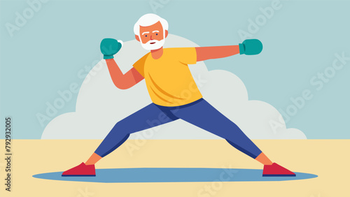 An older adult participating in a kickboxing class using modified techniques and exercises to prevent strain and promote cardiovascular health.