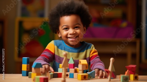 Happy African American toddler playing with colorful wooden blocks