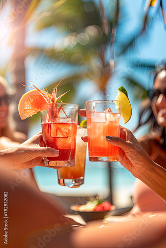 friends drinking cocktails on the beach. Selective focus.