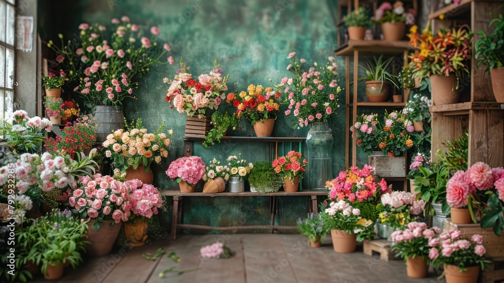 The wedding background and room for studio photos are filled with beautiful flower decorations The wedding background and room for studio photos are filled with beautiful flower decorations