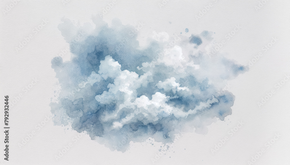 Abstract watercolor cloud on a light background, blue and white shades merge together, creating a feeling of lightness and airiness