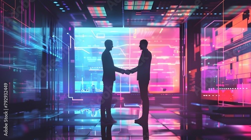 Visionary Startup Founders Shaking Hands to Kickstart Revolutionary Enterprise in Futuristic Office Space with Holographic Displays and Vibrant photo