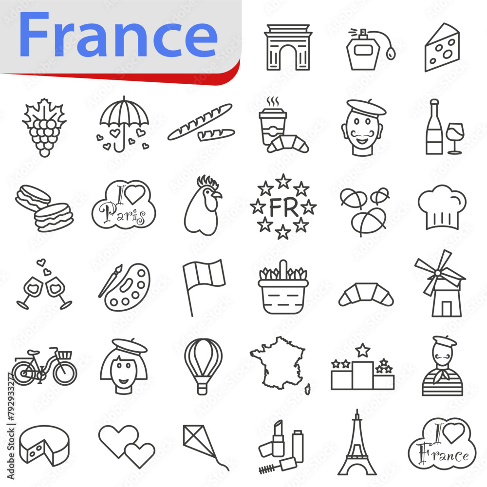 Fototapeta premium Thin line icons. Welcome to France. Vector icons about France. Sights of France.