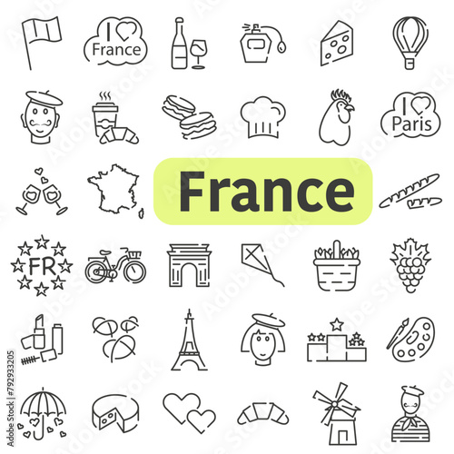 Sights of France. Thin line icons with space. Welcome to France. Vector icons about France.